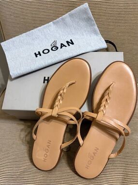 NWT HOGAN Ibiza Plait/Braided T-strap Italian Leather Thong Sandal - Size 39